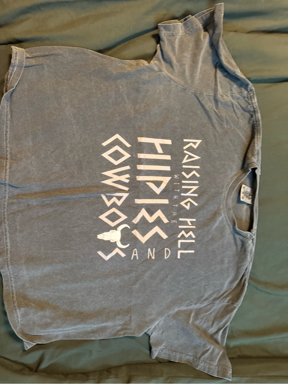 Washed Slate Blue Graphic Tee with White Print